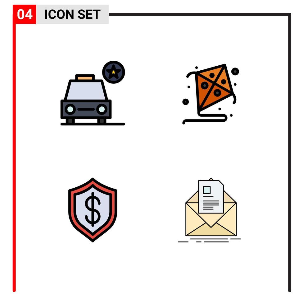 conjunto de cores planas de linha preenchida de interface móvel de 4 pictogramas de veículos cibernéticos de carros, tecnologia de hobby, elementos de design de vetores editáveis