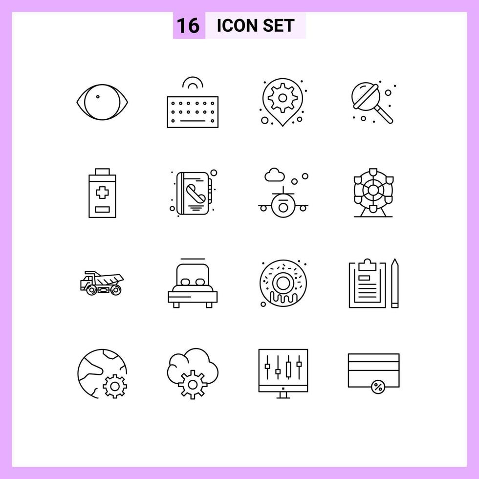 16 contornos de vetores temáticos e símbolos editáveis de pirulito de engrenagem de açúcar de bateria configurando elementos de design de vetores editáveis