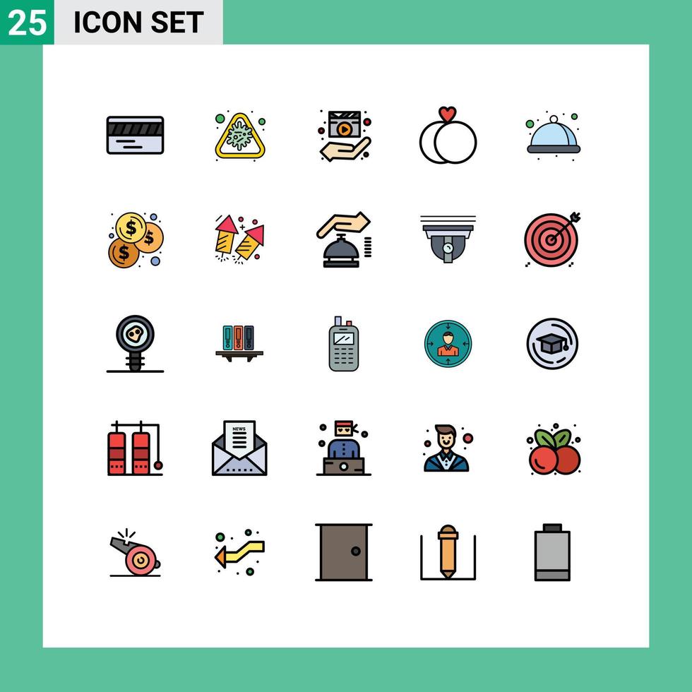 pacote de 25 sinais e símbolos modernos de cores planas de linha preenchida para mídia impressa na web, como anéis de diretor de casamento premium elementos de design de vetores editáveis de filme