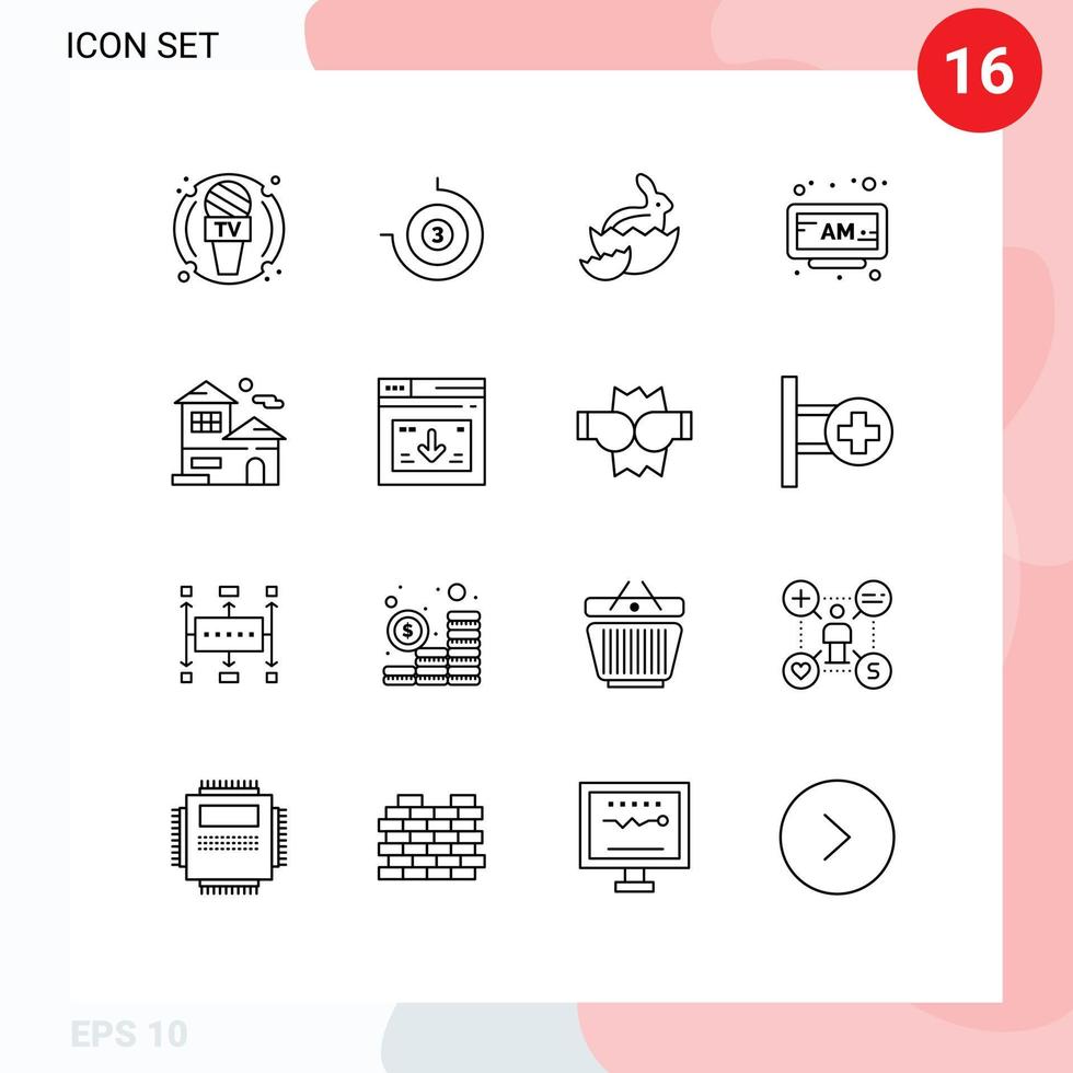 conjunto de esboço de interface móvel de 16 pictogramas de construção de tempo de páscoa em casa am elementos de design vetorial editáveis vetor
