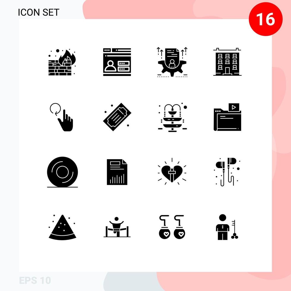 conjunto de glifos sólidos de interface móvel de 16 pictogramas de construção de casa retomar construção configurar elementos de design de vetores editáveis