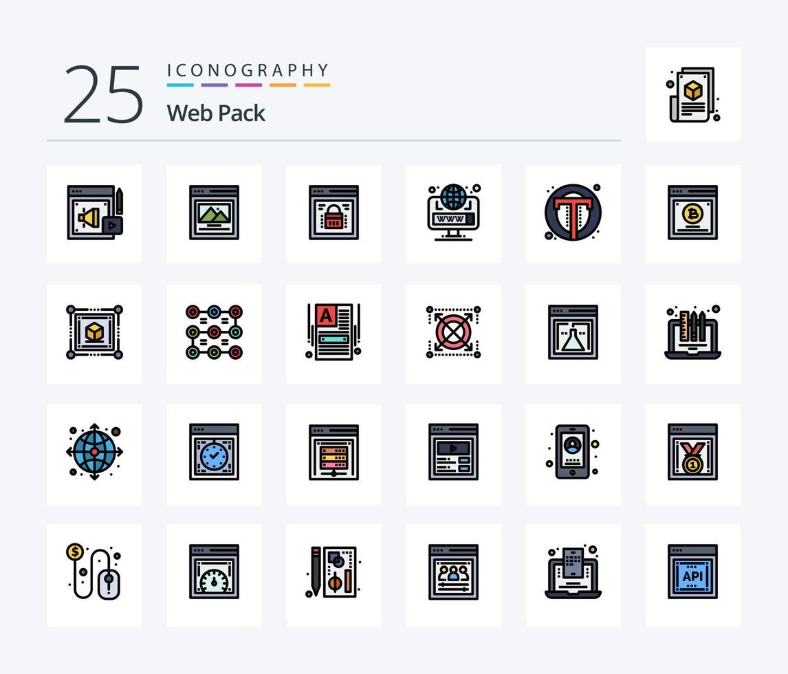 pacote da web pacote de ícones cheios de 25 linhas, incluindo foto. rede. bloqueio de página. local. navegador vetor