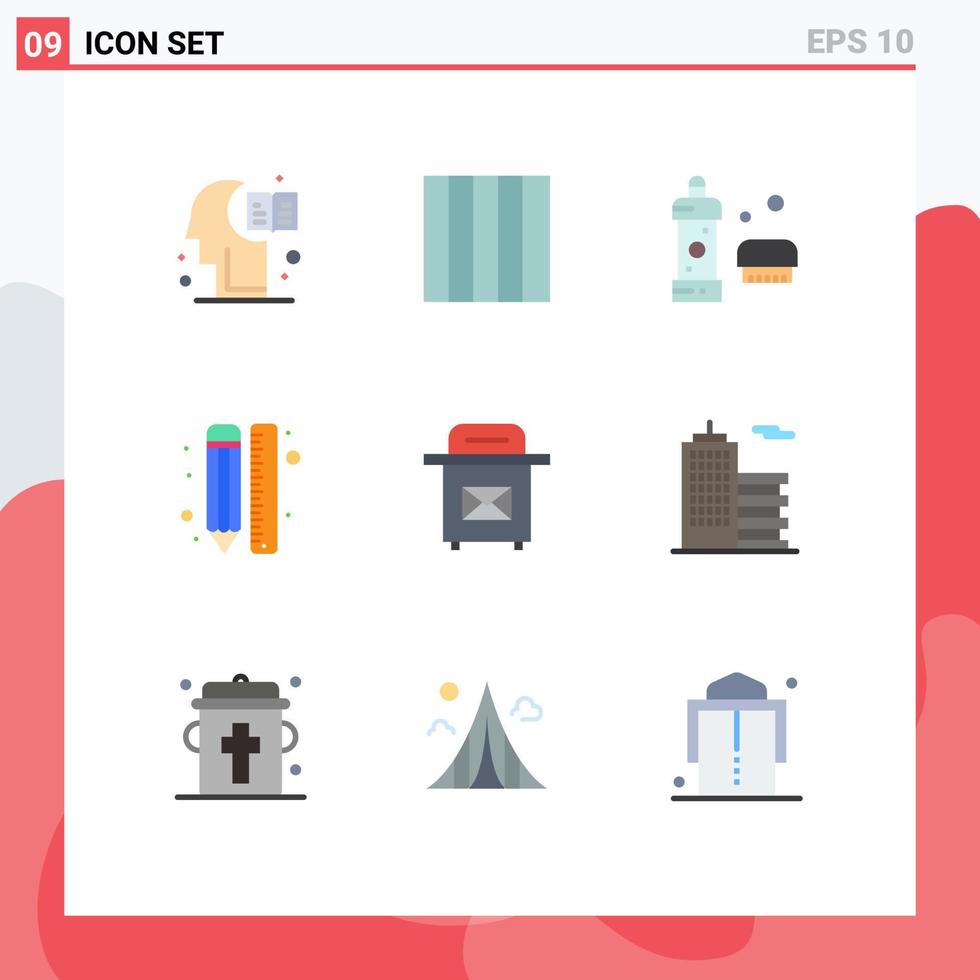 conjunto de cores planas de interface móvel de 9 pictogramas de lápis de limpeza pós-design desenhar elementos de design vetorial editáveis vetor