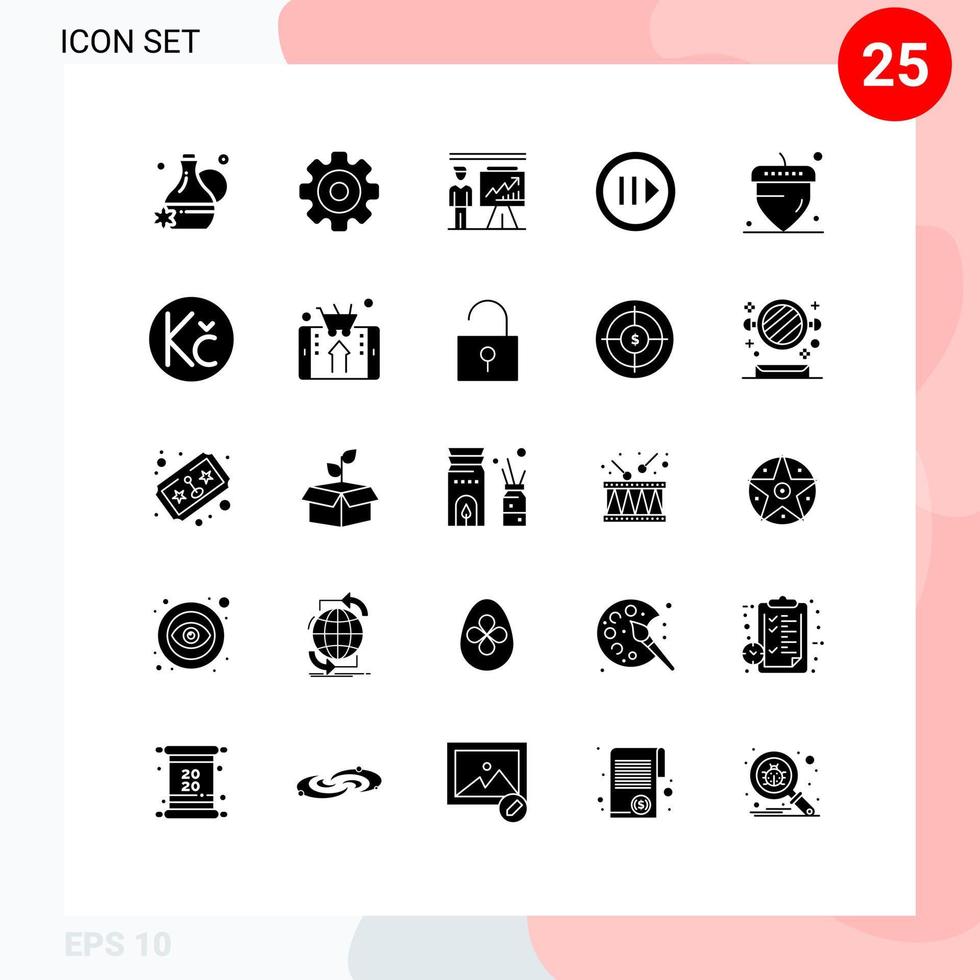 conjunto de glifos sólidos de interface móvel de 25 pictogramas de noz de carvalho step man player mídia elementos de design de vetores editáveis