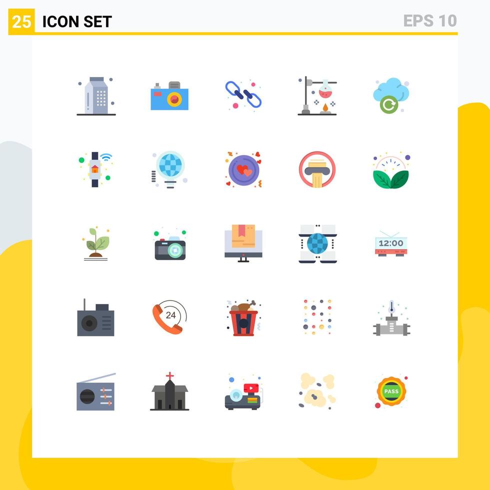 conjunto de cores planas de interface móvel de 25 pictogramas de elementos de design de vetores editáveis de queimador de experiência de hiperlink de ciência de atualização