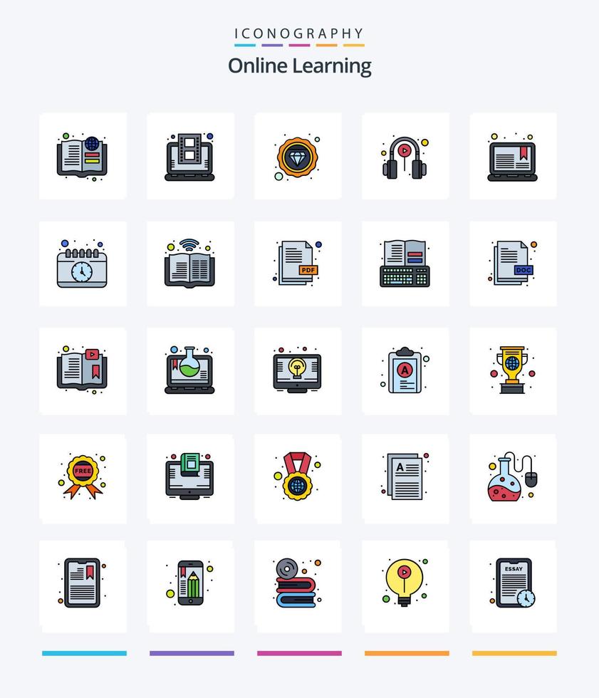 pacote de ícones preenchidos com 25 linhas de aprendizado on-line criativo, como o curso. lição. diamante. Aprendendo. classe vetor