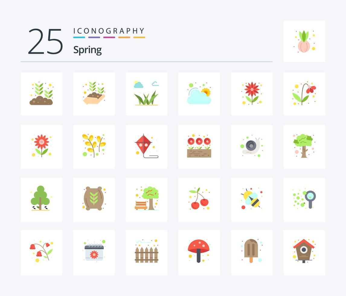 primavera 25 pacote de ícones de cores planas, incluindo flor. clima. mão crescente. Sol. primavera vetor