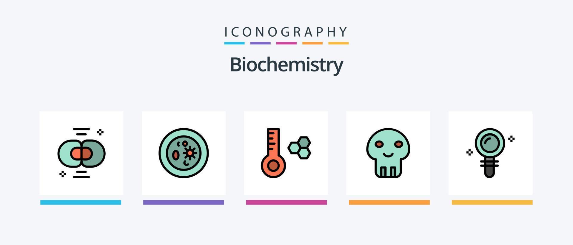 linha de bioquímica cheia de 5 ícones incluindo laboratório. bioquímica. garrafa. átomo. dna. design de ícones criativos vetor