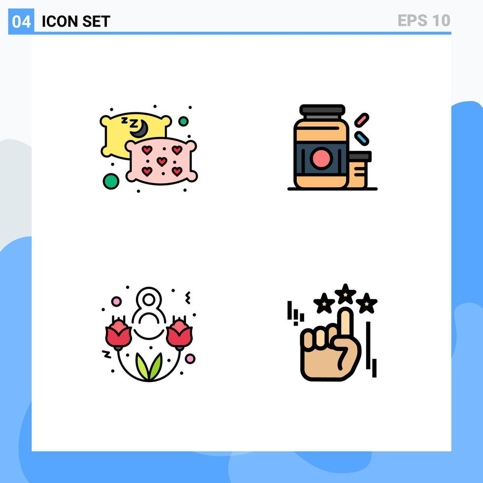 grupo de 4 sinais e símbolos de cores planas de linha preenchida para travesseiro feliz musculação esportes mão editável elementos de design vetorial vetor