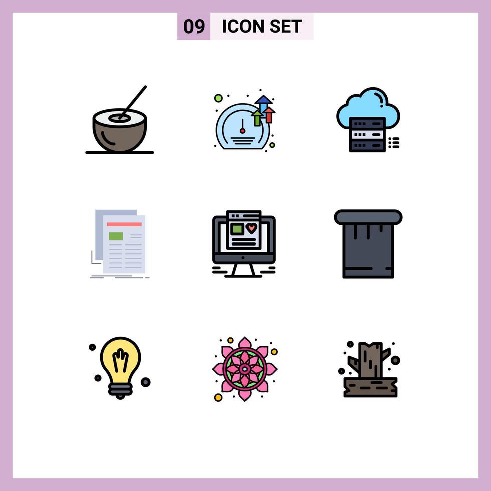 conjunto de cores planas de linha preenchida de interface móvel de 9 pictogramas de elementos de design de vetor editável de nuvem de boletim de crescimento de mídia