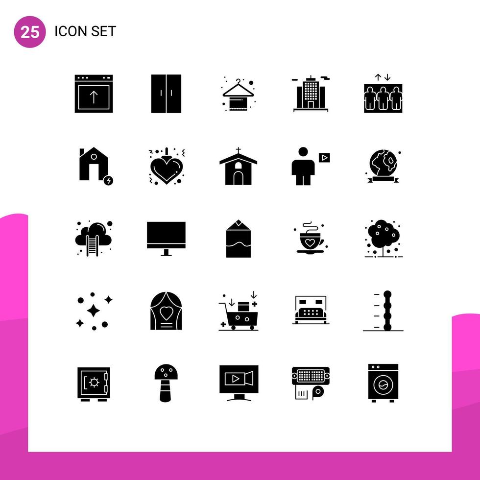 pacote de 25 sinais e símbolos de glifos sólidos modernos para mídia impressa na web, como elevador, roupas, construção, arquitetura, elementos de design vetorial editáveis vetor