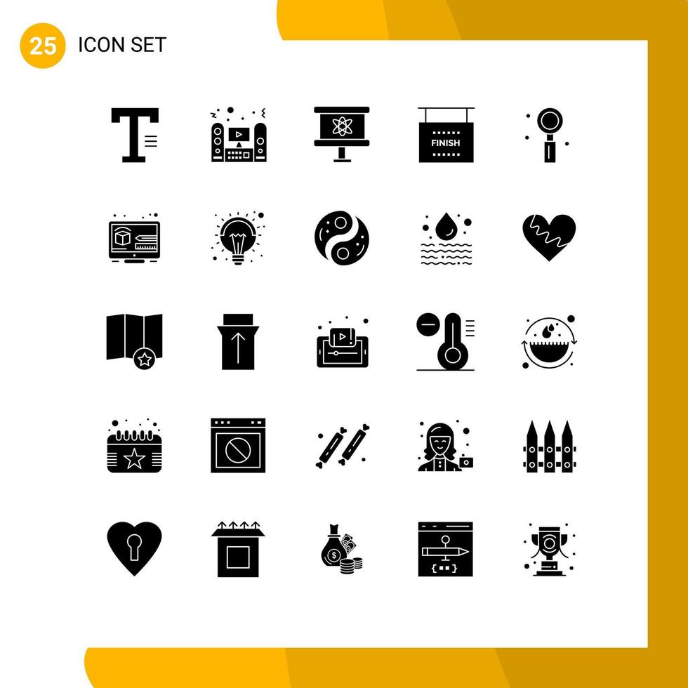 pacote de interface do usuário de 25 glifos sólidos básicos de sistema de jogo de celebração terminar elementos de design de vetores editáveis