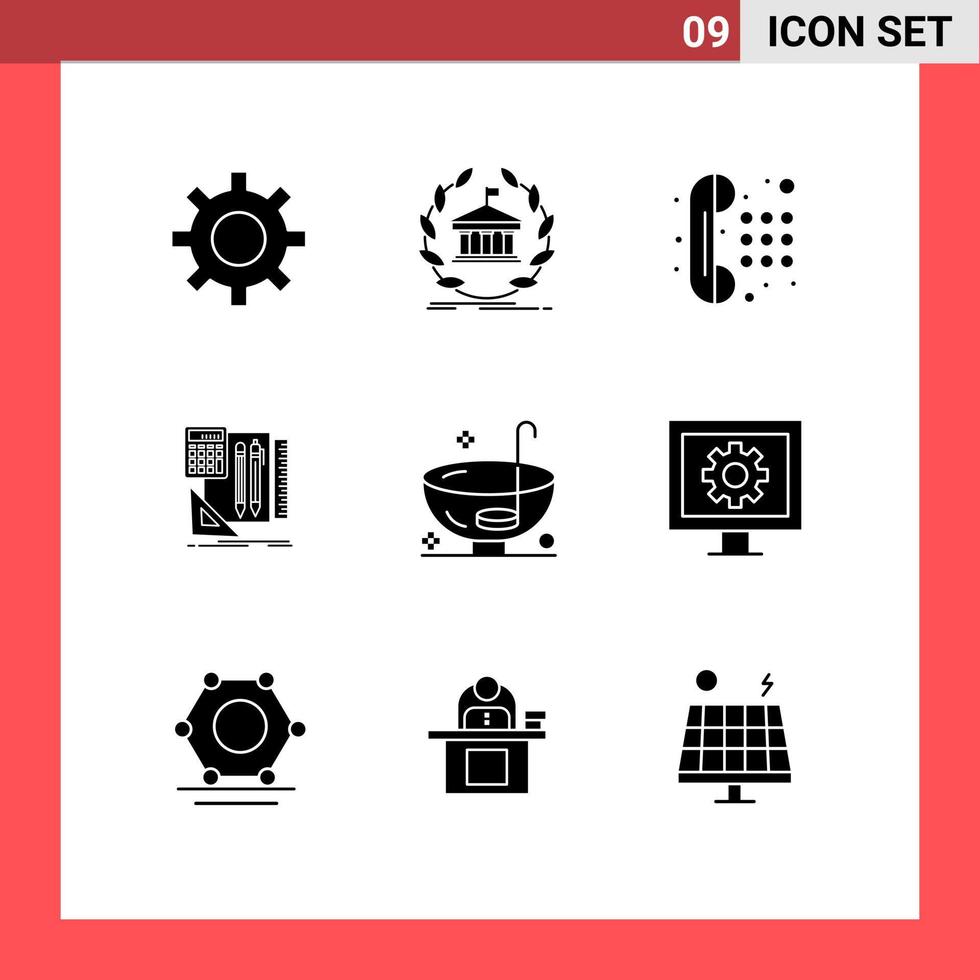 conjunto moderno de pictograma de 9 glifos sólidos de calculadora de jantar, livro educacional, teclado de discagem, elementos de design vetorial editáveis vetor