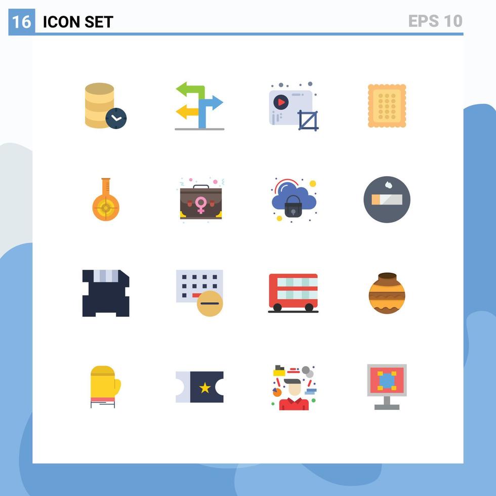pacote de 16 sinais e símbolos modernos de cores planas para mídia impressa na web, como refeição, pão, áudio, cozimento, vídeo, pacote editável de elementos de design vetorial criativo vetor
