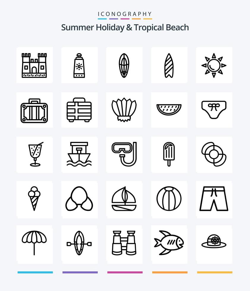 praia criativa 25 pacote de ícones de contorno, como mergulho. transporte. prancha de surfe. feriado. brilhando vetor
