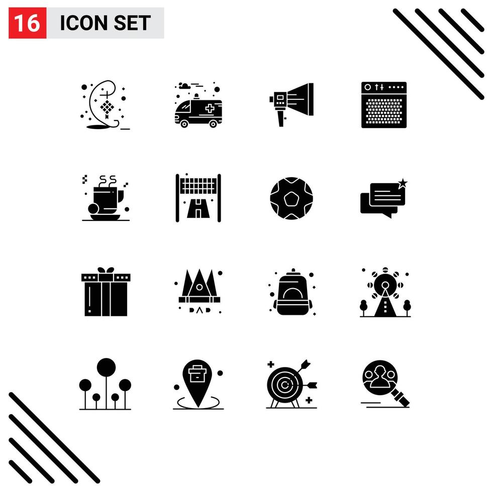 grupo de símbolos de ícone universal de 16 glifos sólidos modernos de elementos de design de vetores editáveis de alto-falante de amplificador digital de áudio multimídia