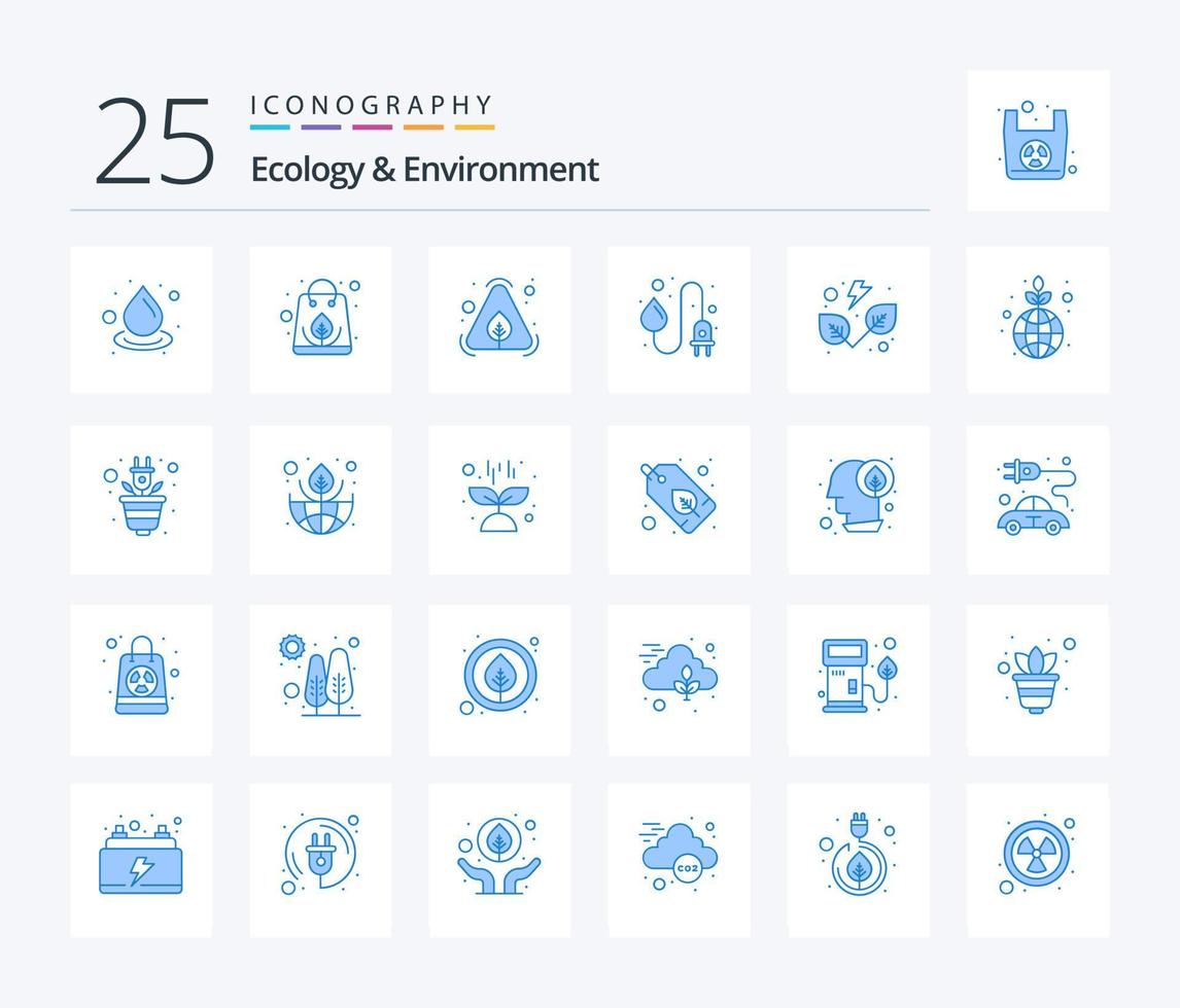 ecologia e meio ambiente 25 pacote de ícones de cor azul, incluindo folhas. energia da água. eco. tomada. indústria vetor