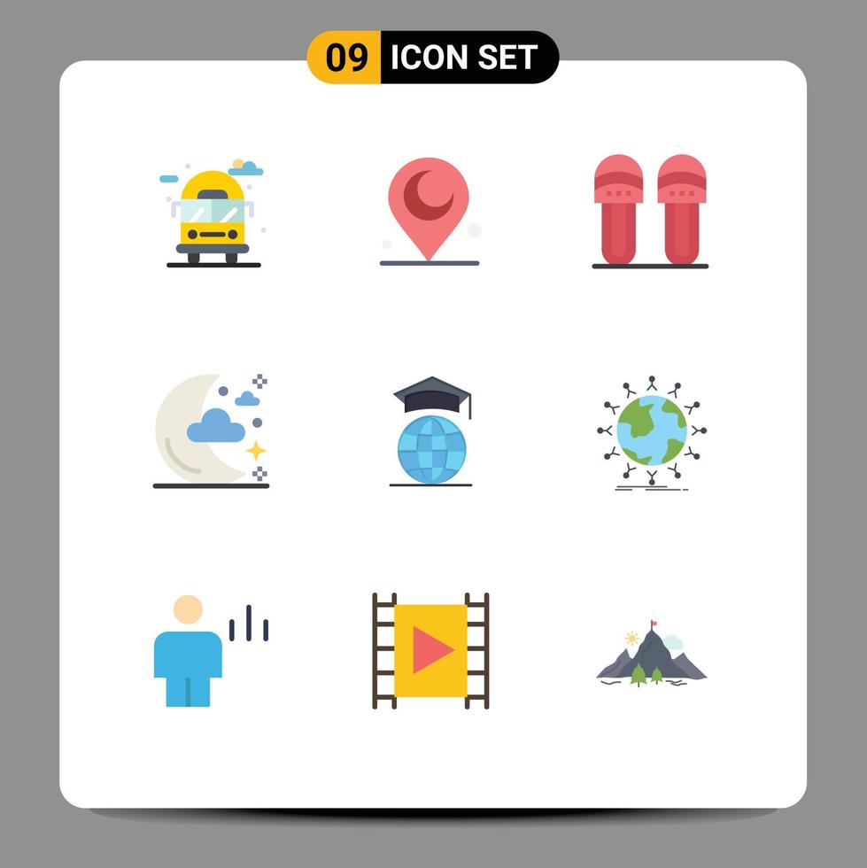 Pacote de cores planas da interface do usuário 9 de sinais e símbolos modernos do globo on-line, estrelas confortáveis, elementos de design vetorial editáveis da lua vetor