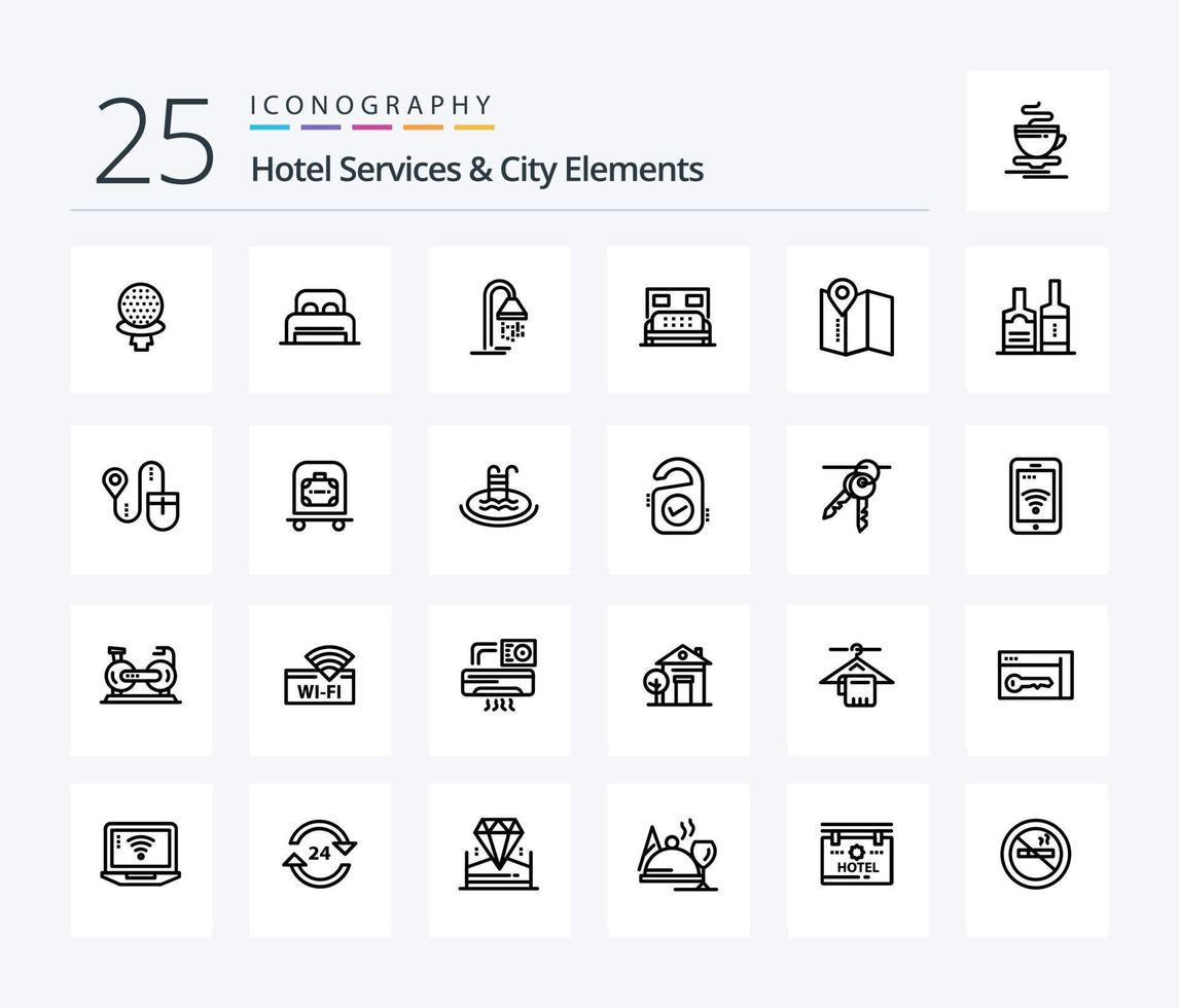 serviços de hotel e elementos da cidade pacote de ícones de 25 linhas, incluindo mapa. serviço. banheiro. quarto. hotel vetor