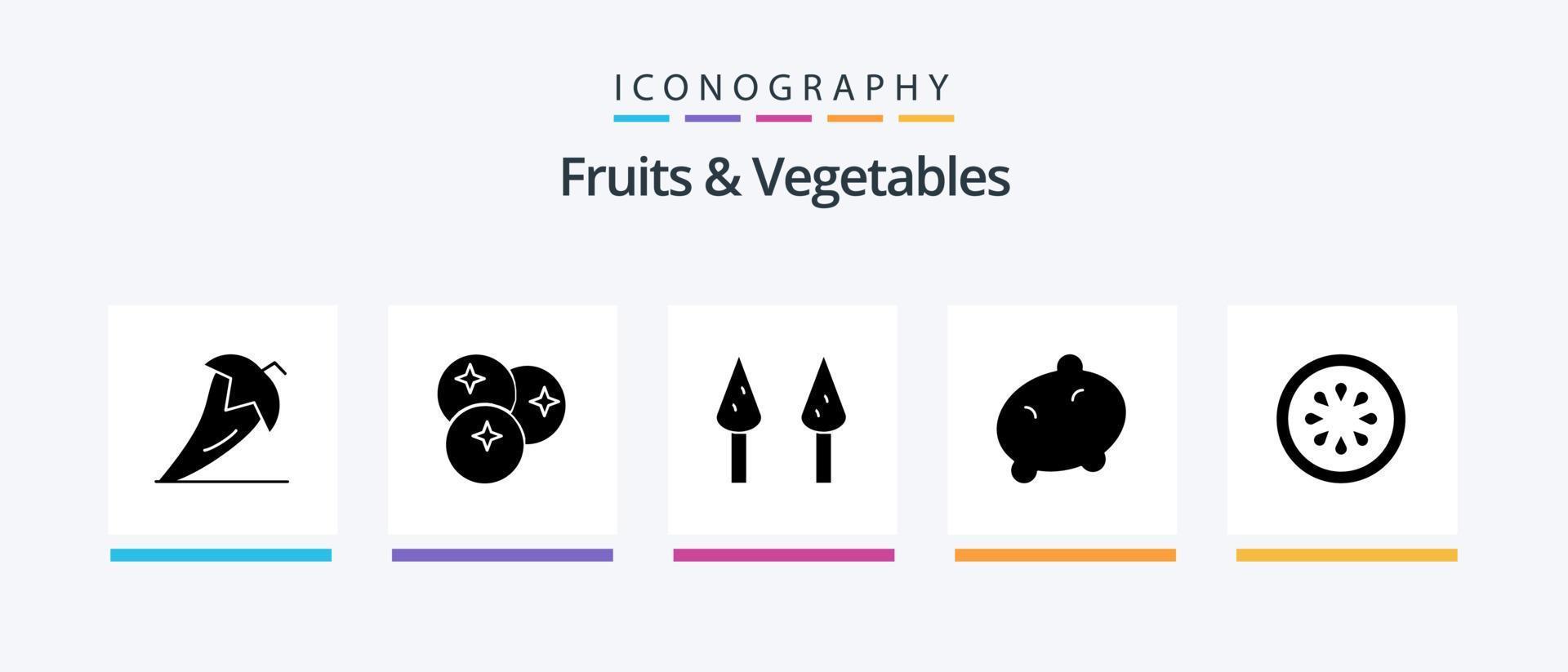 pacote de ícones de glifo 5 de frutas e legumes, incluindo gorki. pepino. frutas. vegetal. Comida. design de ícones criativos vetor