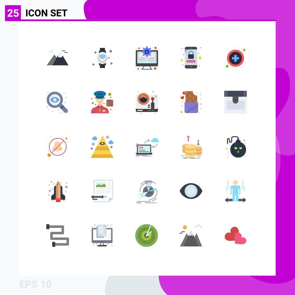 pacote de cores planas de 25 símbolos universais de saúde conta móvel wi-fi atualização móvel elementos de design vetoriais editáveis vetor
