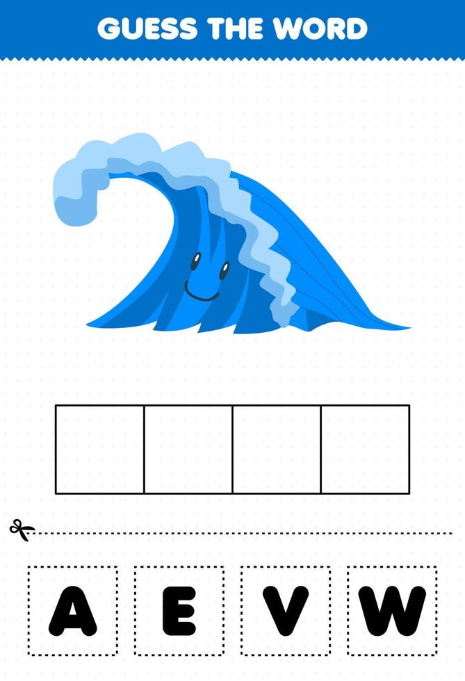 jogo de educação para crianças adivinhar a palavra letras praticando folha de trabalho de natureza imprimível de onda de desenho animado bonito vetor