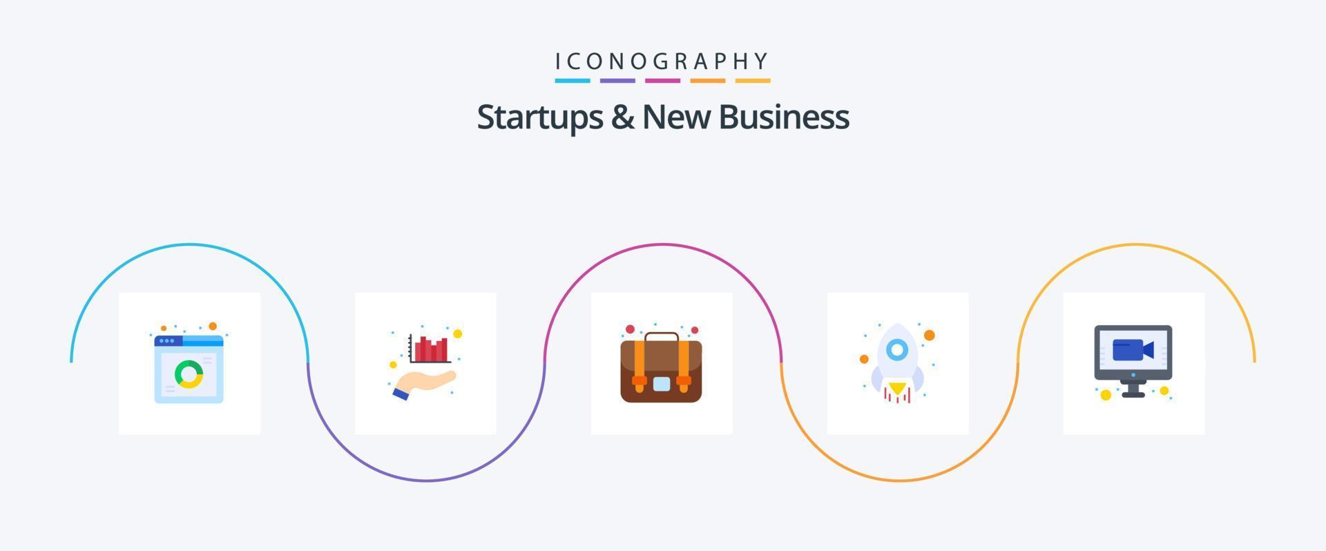 startups e novos negócios flat 5 icon pack incluindo vídeo. bate-papo. marketing. comece. o negócio vetor
