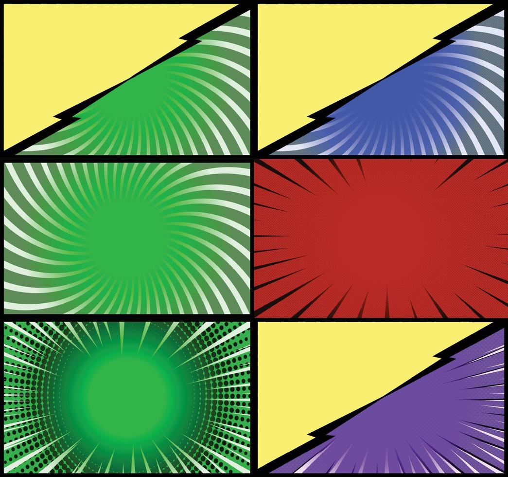 fundo de quadros coloridos de quadrinhos com raios de meio-tom radial e efeitos pontilhados estilo pop art vetor