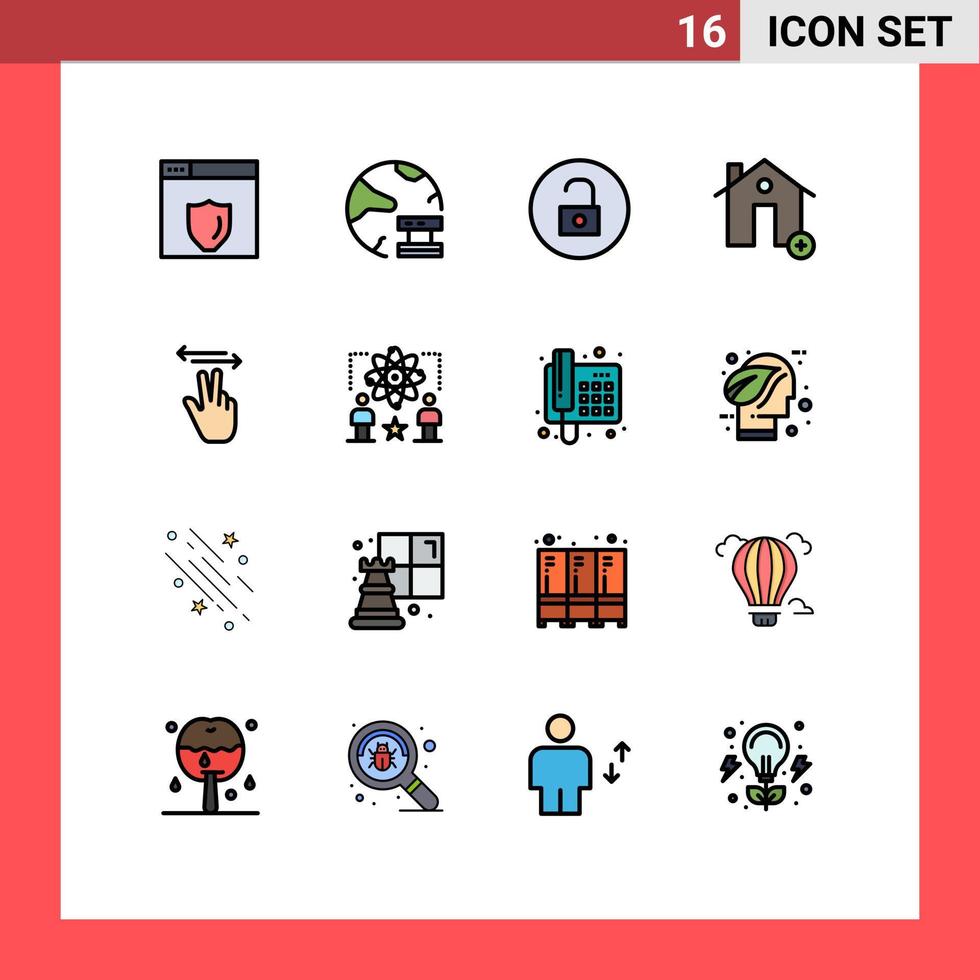 pacote de interface do usuário com 16 linhas de gestos básicas preenchidas com cores planas casa desbloquear propriedade adicionar elementos de design de vetores criativos editáveis
