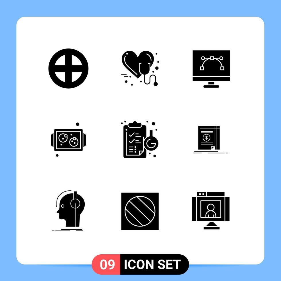 conjunto de glifos sólidos de interface móvel de 9 pictogramas de cozimento estetoscópio caneta ferramenta desenvolvimento elementos de design de vetores editáveis