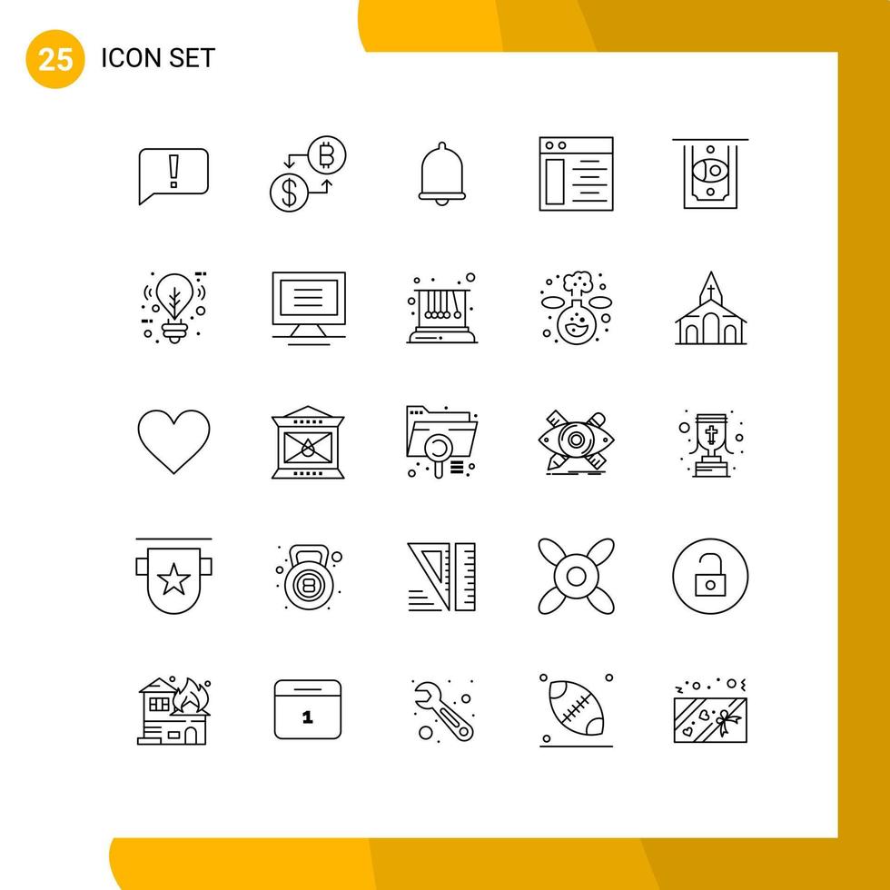 conjunto de pictogramas de 25 linhas simples de dinheiro servidor de alerta atm elementos de design de vetores editáveis na web