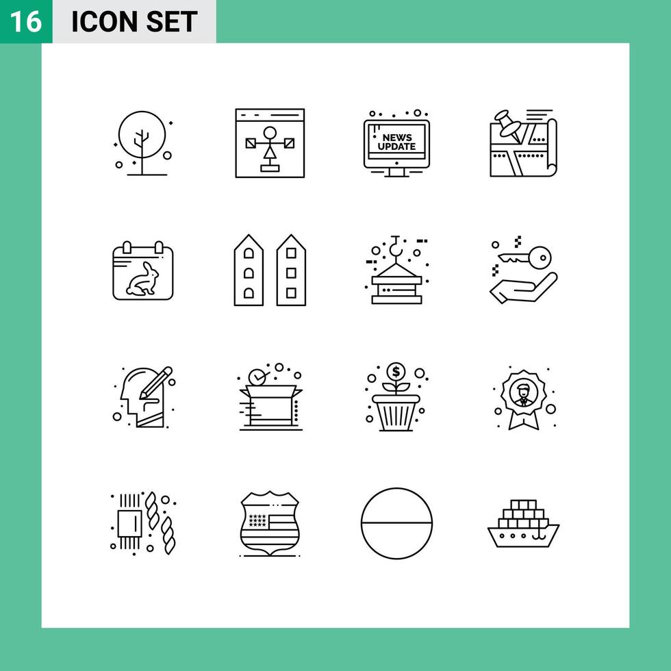 grupo de símbolos de ícone universal de 16 contornos modernos de localização de programação de rota de pinos elementos de design de vetores editáveis públicos