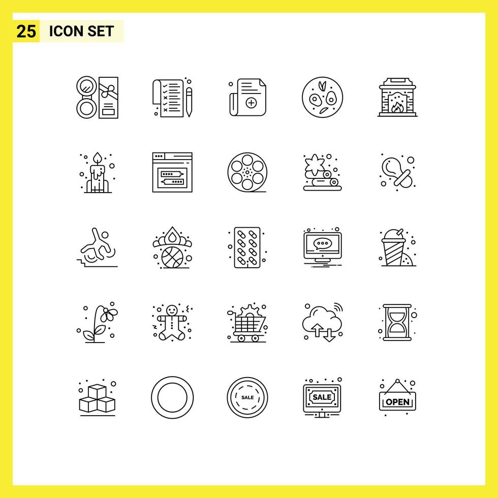 pacote de linha de 25 símbolos universais de lareira de vela forma elementos de design de vetores editáveis de comida de chaminé