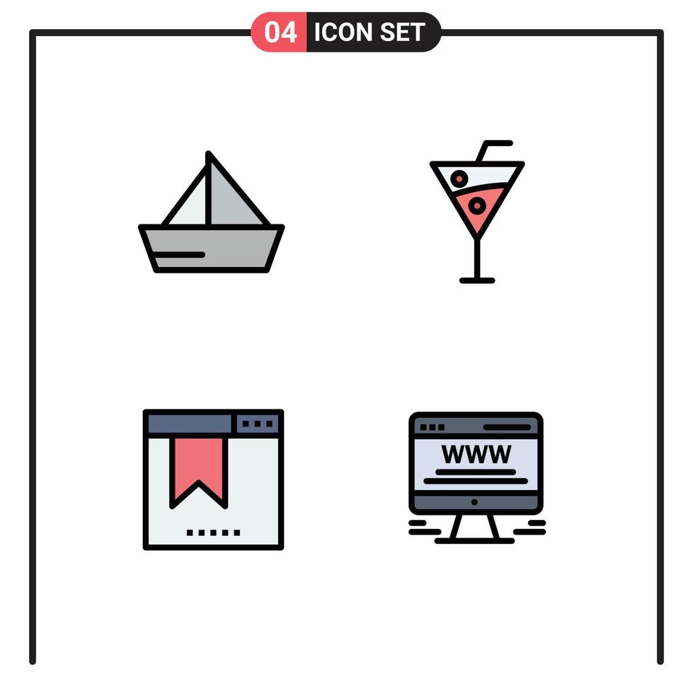 4 símbolos universais de sinais de cor plana de linha preenchida de veículos de marcador de barco, bebidas de praia, elementos de design de vetores editáveis seo
