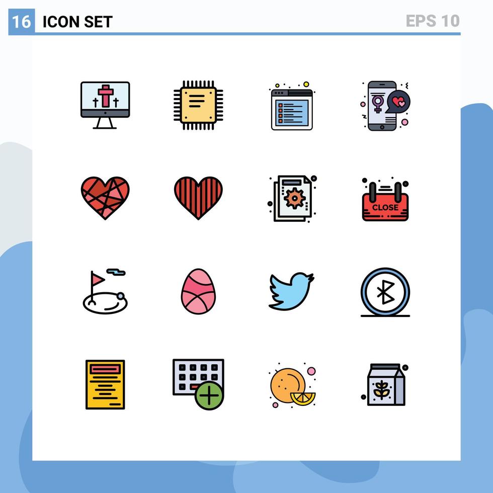 conjunto de linha preenchida de cor plana de interface móvel de 16 pictogramas de elementos de design de vetor criativo editáveis na web do dia do processador de amor móvel