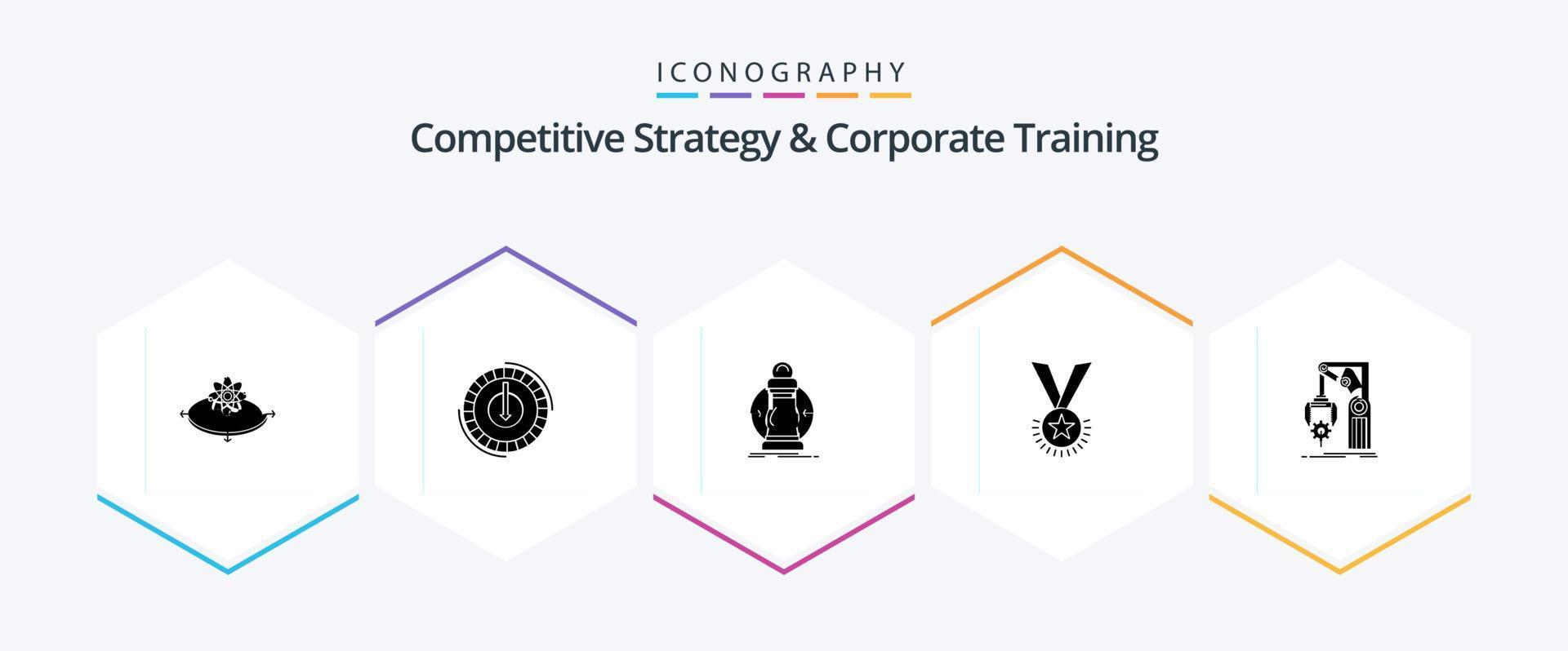 estratégia competitiva e treinamento corporativo pacote de ícones de 25 glifos, incluindo fábrica. fita. mais baixo. reputação. medalha vetor