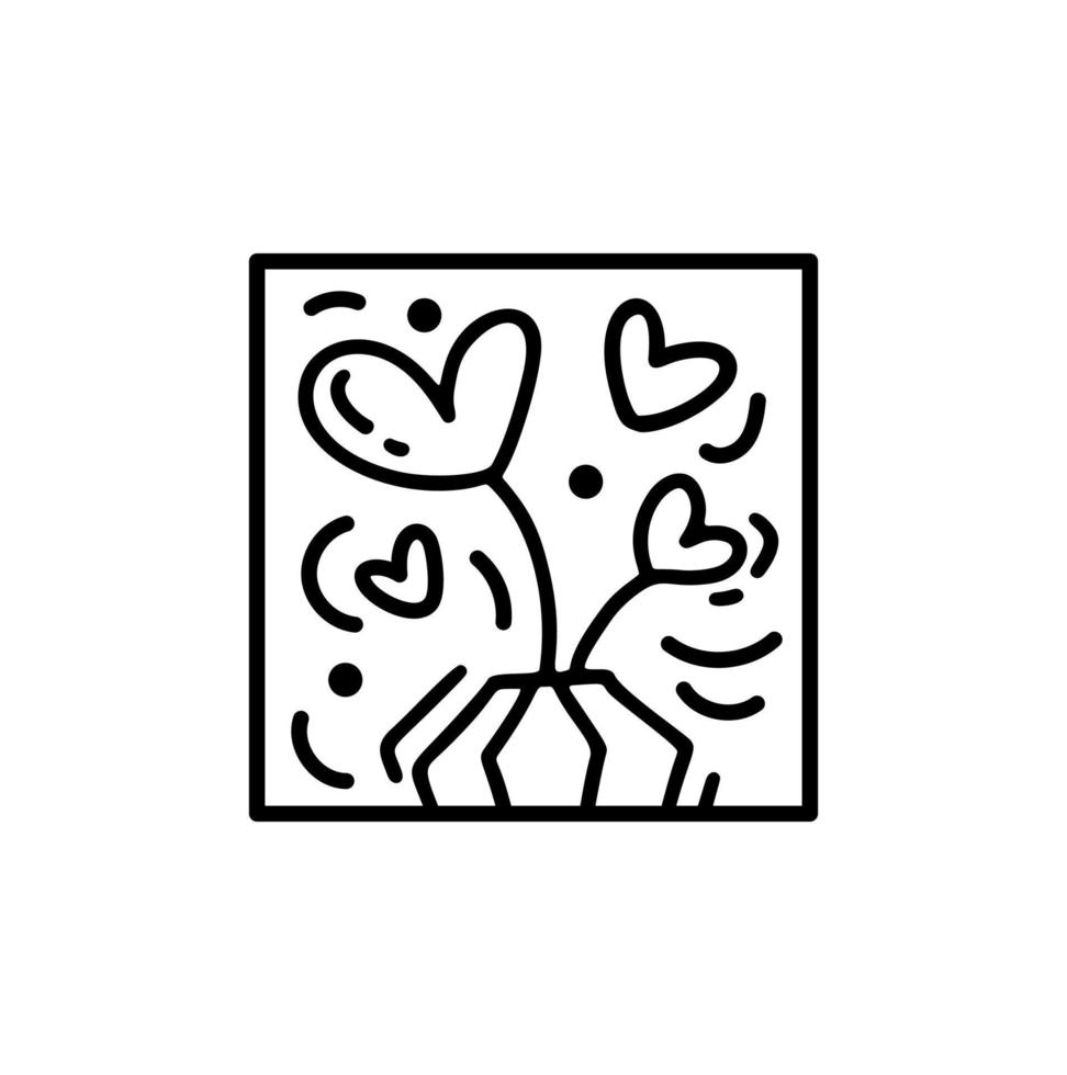 vaso de composição vetorial dos namorados com flores de coração. logotipo de construtor de férias de amor desenhado à mão em moldura quadrada para cartão de felicitações, convite de web design vetor