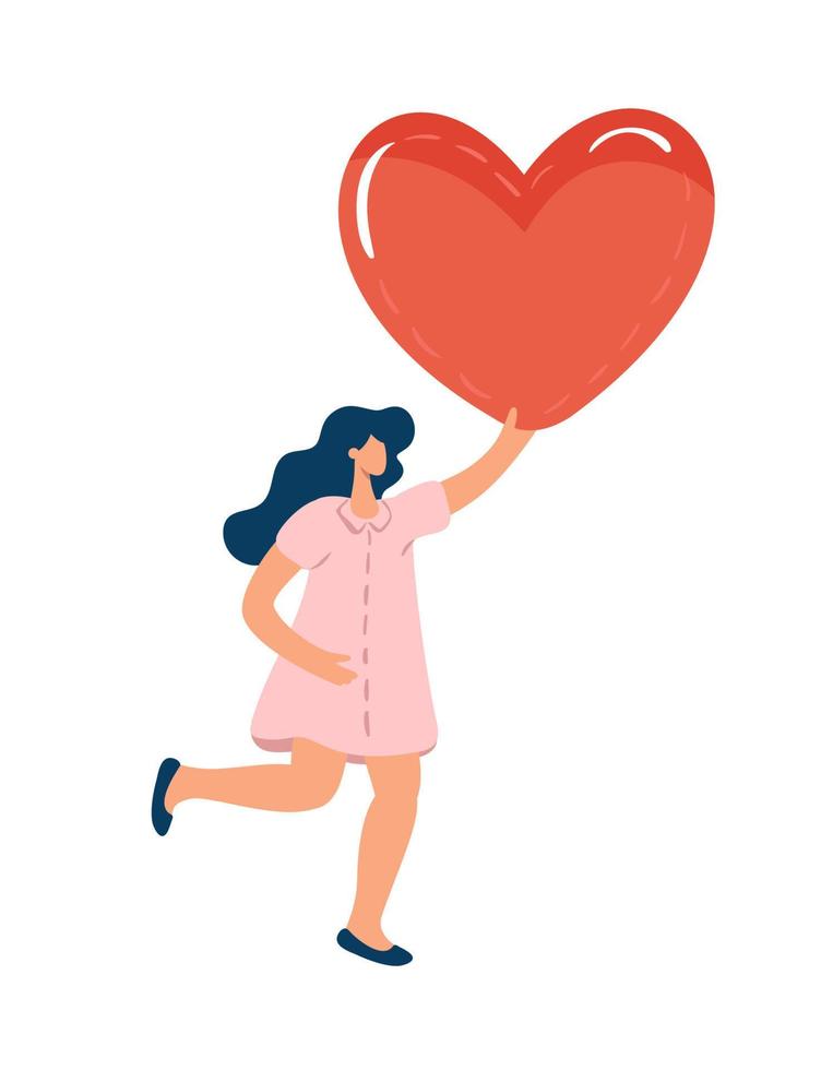 mulher correndo com ilustração em vetor plana coração grande. conceito de romance pessoas dia dos namorados compartilhando amor, caridade. assistência, ajuda, conceito de suporte