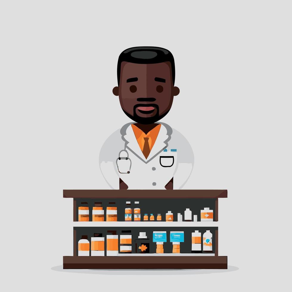 um homem negro adulto trabalhando como farmacêutico, com uma prateleira de remédios ao fundo vetor