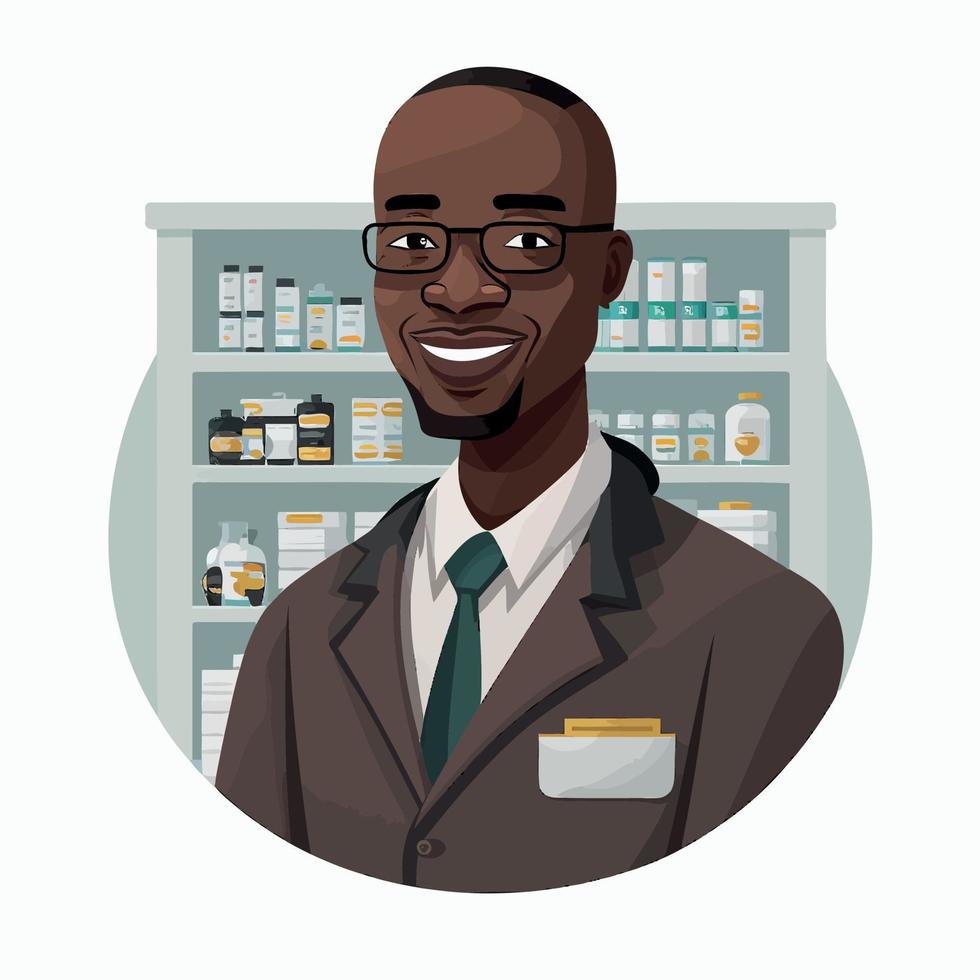 um homem negro adulto trabalhando como farmacêutico, com uma prateleira de remédios ao fundo vetor