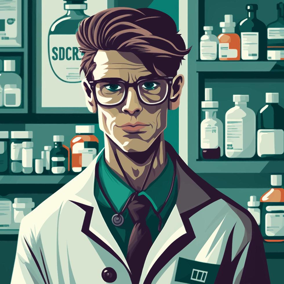 homem adulto com cabelo penteado, como farmacêutico vestindo jaleco e óculos vetor