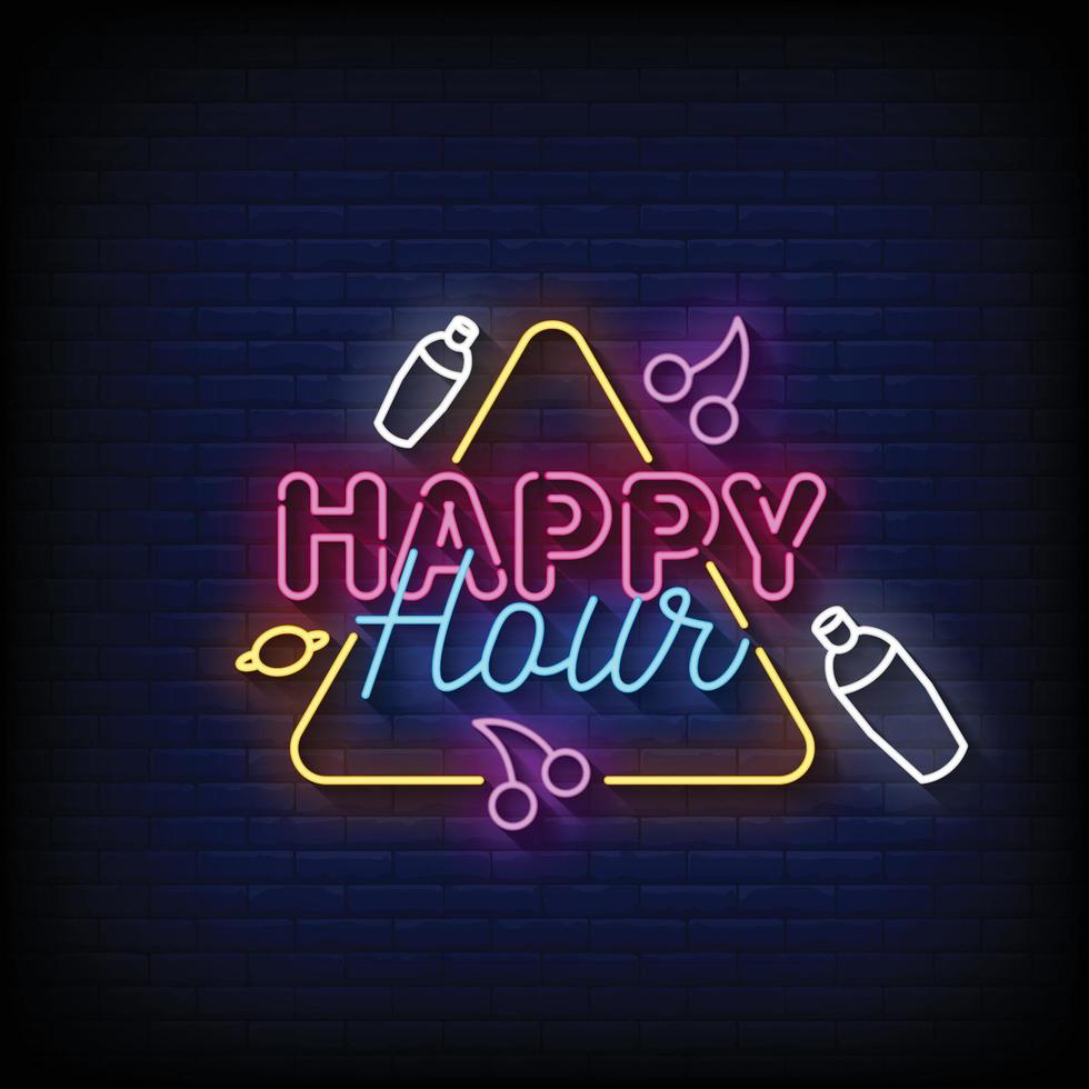 happy hour de sinal de néon com ilustração vetorial de fundo de parede de tijolo vetor