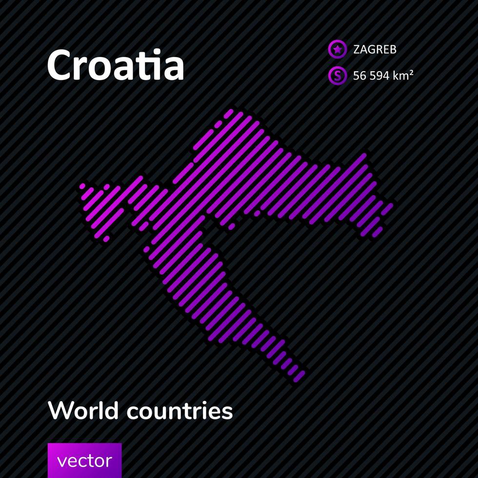 mapa abstrato vetorial da Croácia com textura listrada violeta e fundo escuro listrado vetor