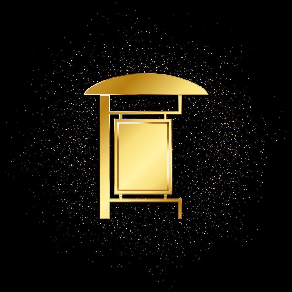 ícone de ouro do quadro de avisos de ponto de ônibus. ilustração em vetor de fundo de partículas douradas. ícone de vetor de ouro