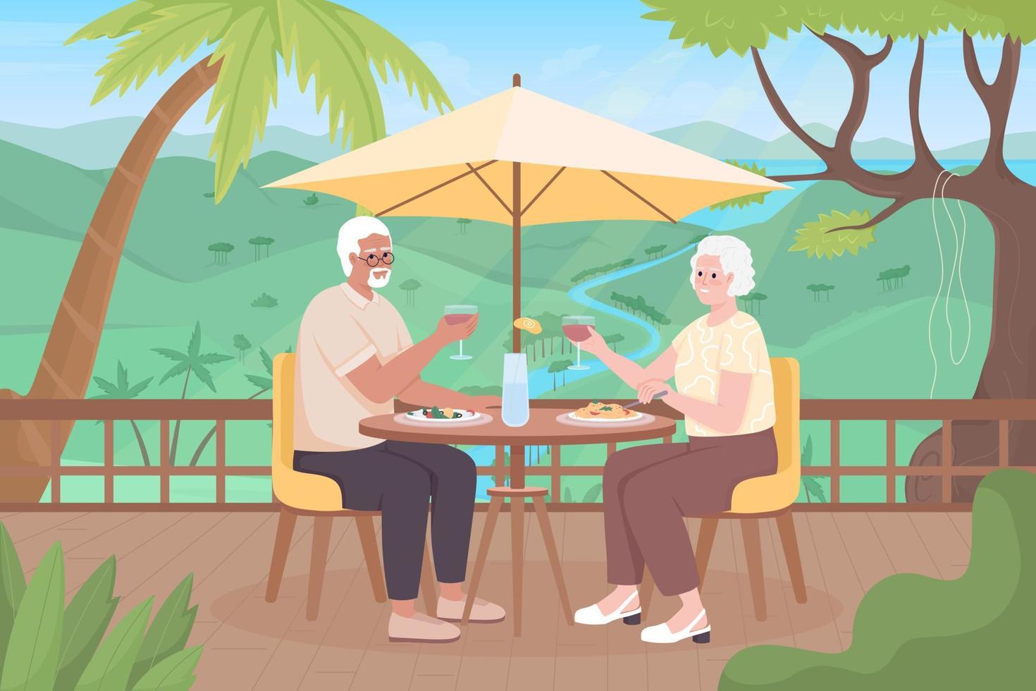 casal mais velho na ilustração em vetor de cor plana de resort tropical. mulher idosa e homem bebendo vinho, comendo. personagens de desenhos animados simples 2d totalmente editáveis com paisagem tropical no fundo