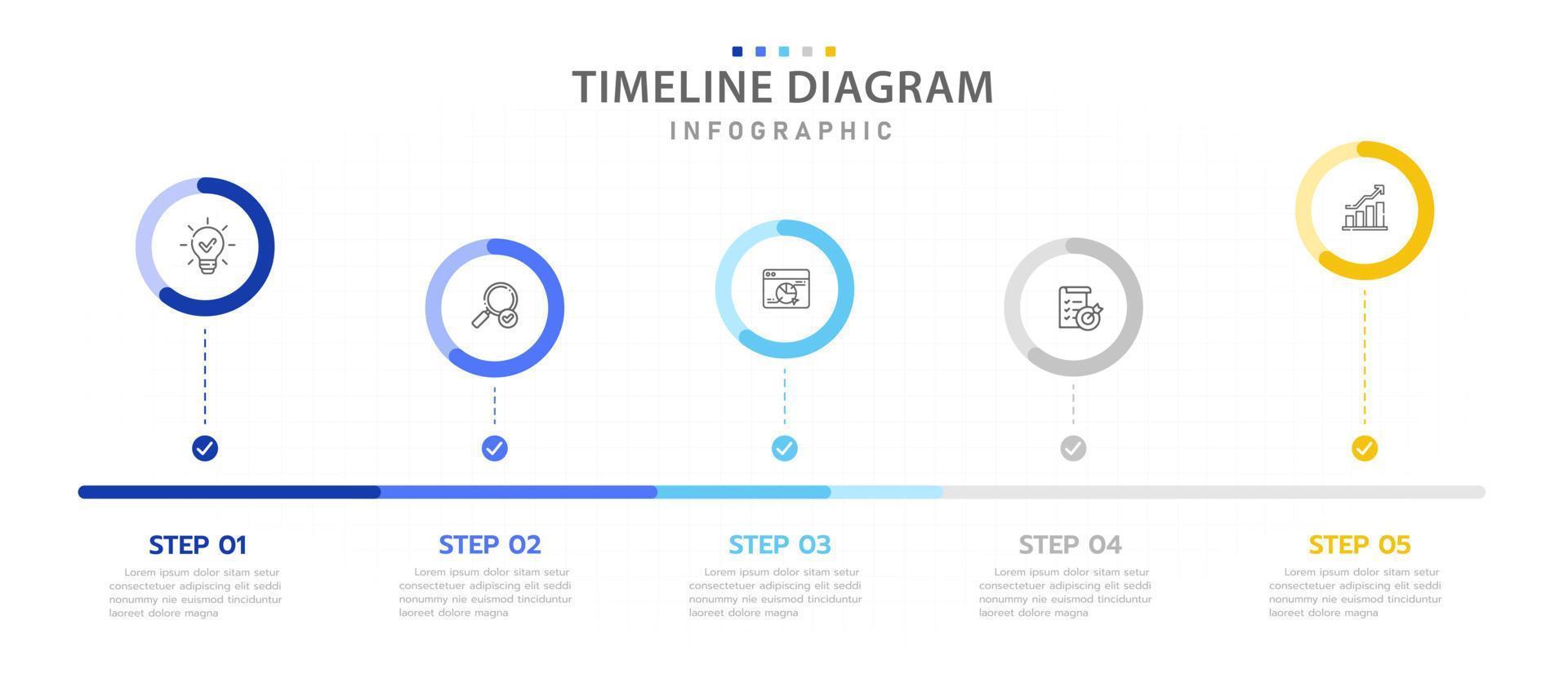 modelo de infográfico para negócios. Roteiro de diagrama de linha do tempo moderno de 5 etapas com gráfico de pizza percentual, infográfico vetorial de apresentação. vetor