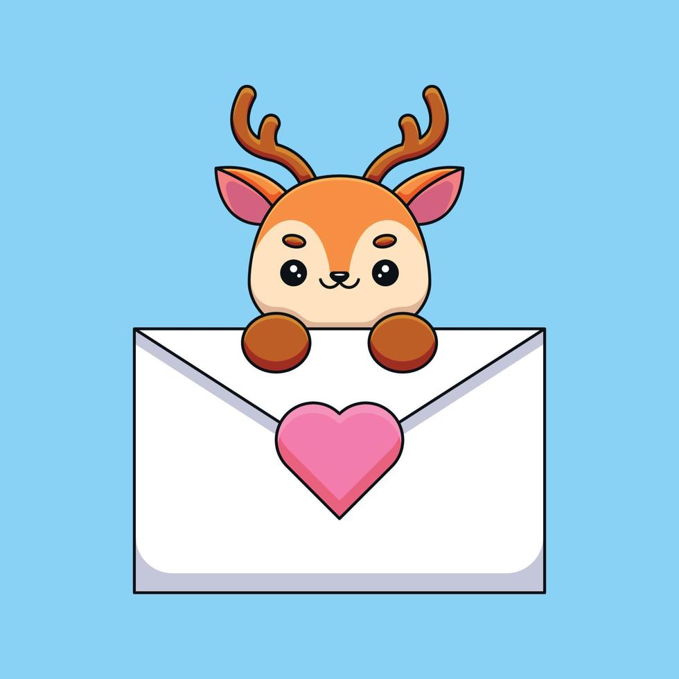 veado bonito segurando uma carta de amor mascote dos desenhos animados doodle arte conceito de contorno desenhado à mão vetor ilustração do ícone kawaii