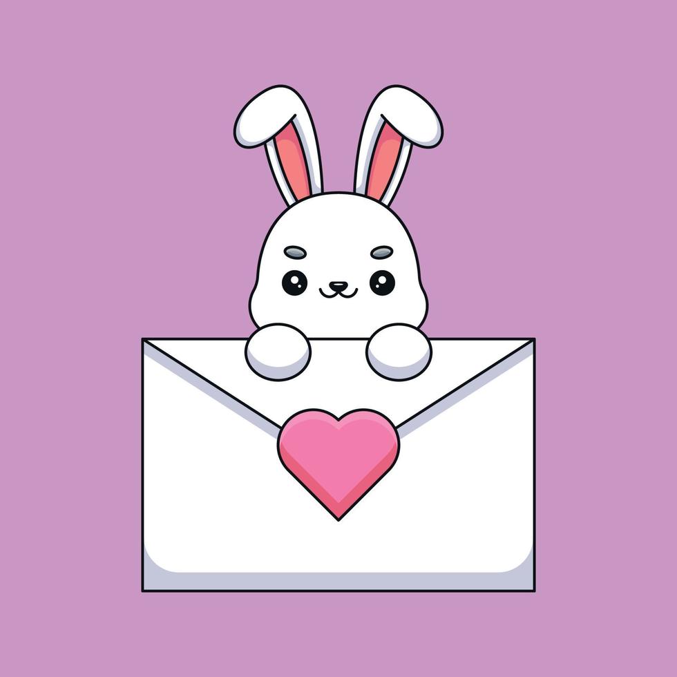 coelho fofo segurando uma carta de amor mascote dos desenhos animados doodle arte conceito de contorno desenhado à mão vetor ilustração do ícone kawaii