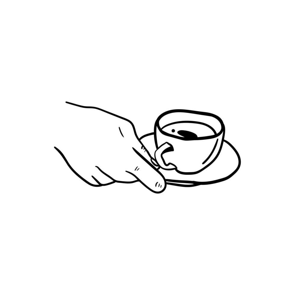 mão segurando um ícone de xícara de café, arte de linha desenhada à mão de mão segurando uma xícara de café vetor