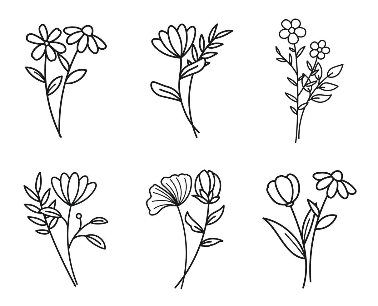 conjunto de ramo floral. mão desenhada com folhas e flores sobre fundo branco. vetor